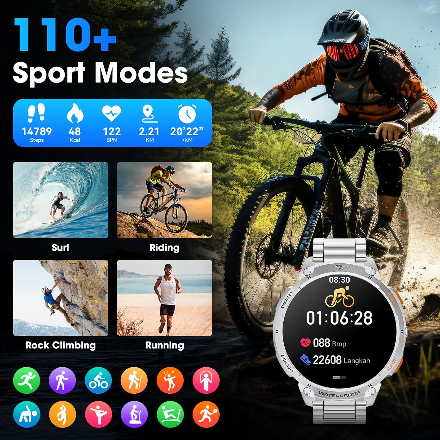 Military Smart Watch for Men 1.85" HD 730mAh Battery Smart Watches with LED Flashlight for Android iOS （Bluetooth Call Answer/Dial Calls） Fitness Tracker with Heart Rate Blood Silver Steel Strip