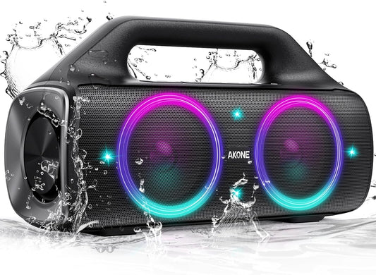 AKONE Portable Bluetooth Speaker, 80W Peak Wireless Outdoor Speaker with LED Light, Deep Bass, 20 Hour Playtime, IP67 Waterproof Bluetooth Speaker, Loud Party Speakers for Camping, Beach, Garage