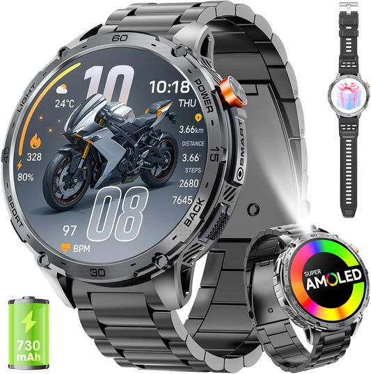 mingwear Military Smart Watch for Men 1.75" HD AMOLED Display 730mAh Battery Smart Watches with LED Flashlight for Android iOS（Bluetooth Call Answer/Dial Calls） Fitness Tracker Black Steel Strip