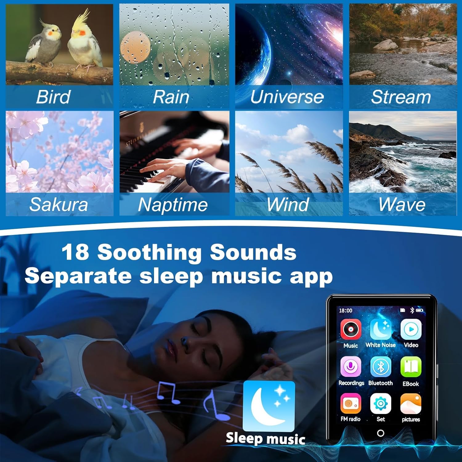 64GB MP3 Player Bluetooth 5.3, 2.8 Inch Touchscreen Portable HiFi Music Children's MP3 Player with Speaker, 18 Soothing Sounds, Up to 45 Hours Battery Life, FM Radio, Support 128GB