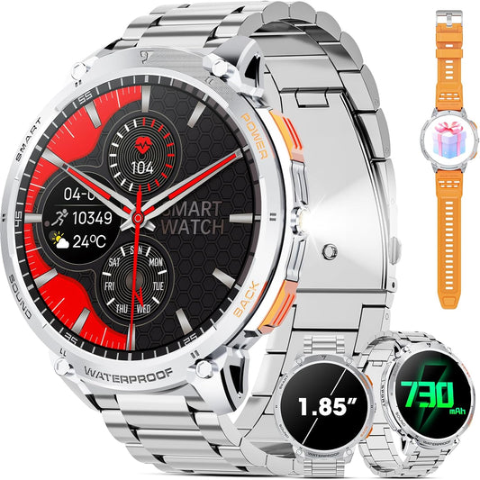 Military Smart Watch for Men 1.85" HD 730mAh Battery Smart Watches with LED Flashlight for Android iOS （Bluetooth Call Answer/Dial Calls） Fitness Tracker with Heart Rate Blood Silver Steel Strip