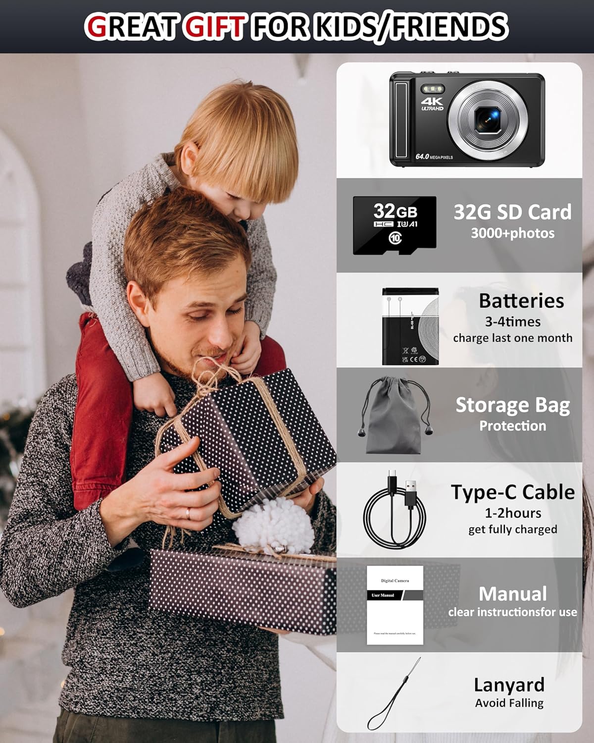 4K 64MP Digital Camera with 32GB SD Card for Photography, Auto Focus Portable Mini Compact Camera for Boys, Girls, Children, Beginners, Teenagers with 16X Digital Zoom and 2 Batteries
