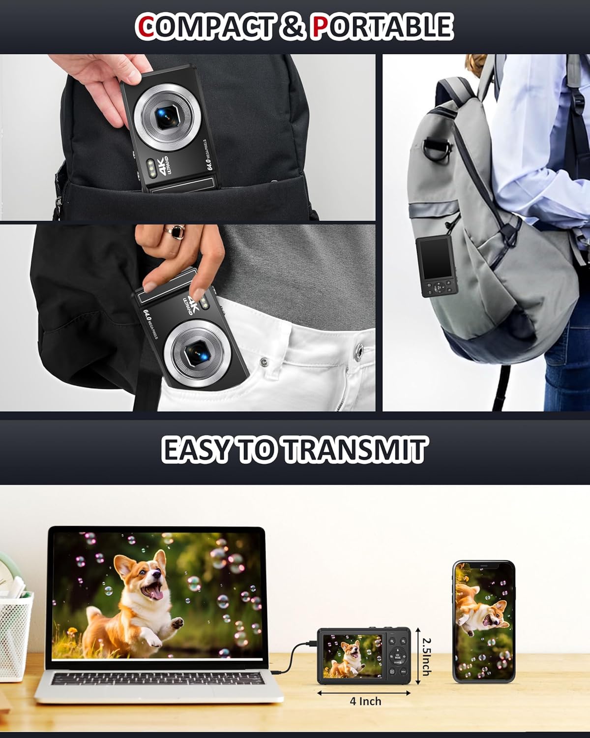 4K 64MP Digital Camera with 32GB SD Card for Photography, Auto Focus Portable Mini Compact Camera for Boys, Girls, Children, Beginners, Teenagers with 16X Digital Zoom and 2 Batteries