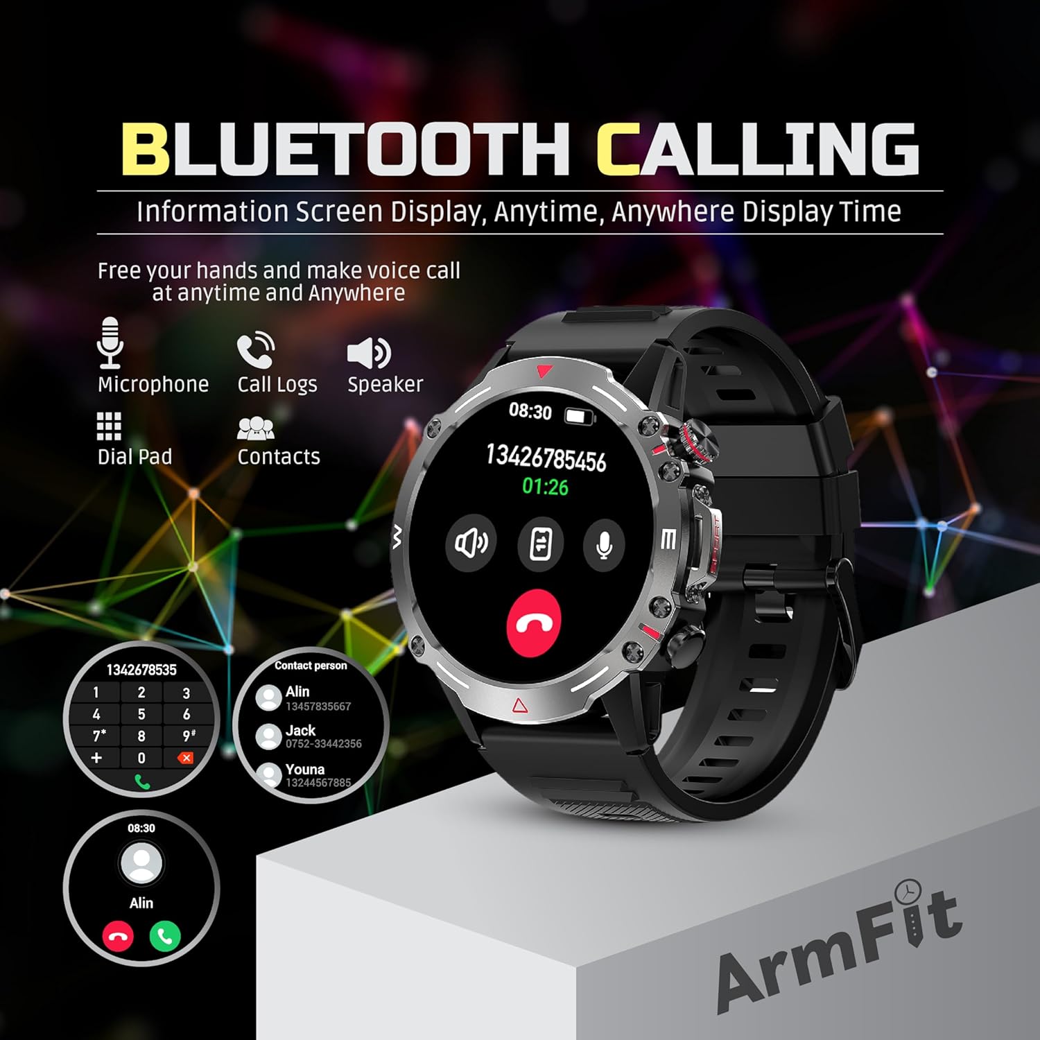 Armfit HULK Smart watch with AMOLED Always On Display Smart watches for men, BT Calling Waterproof Fitness Watch with Heart Sleep Monitor for Android iOS (Black)