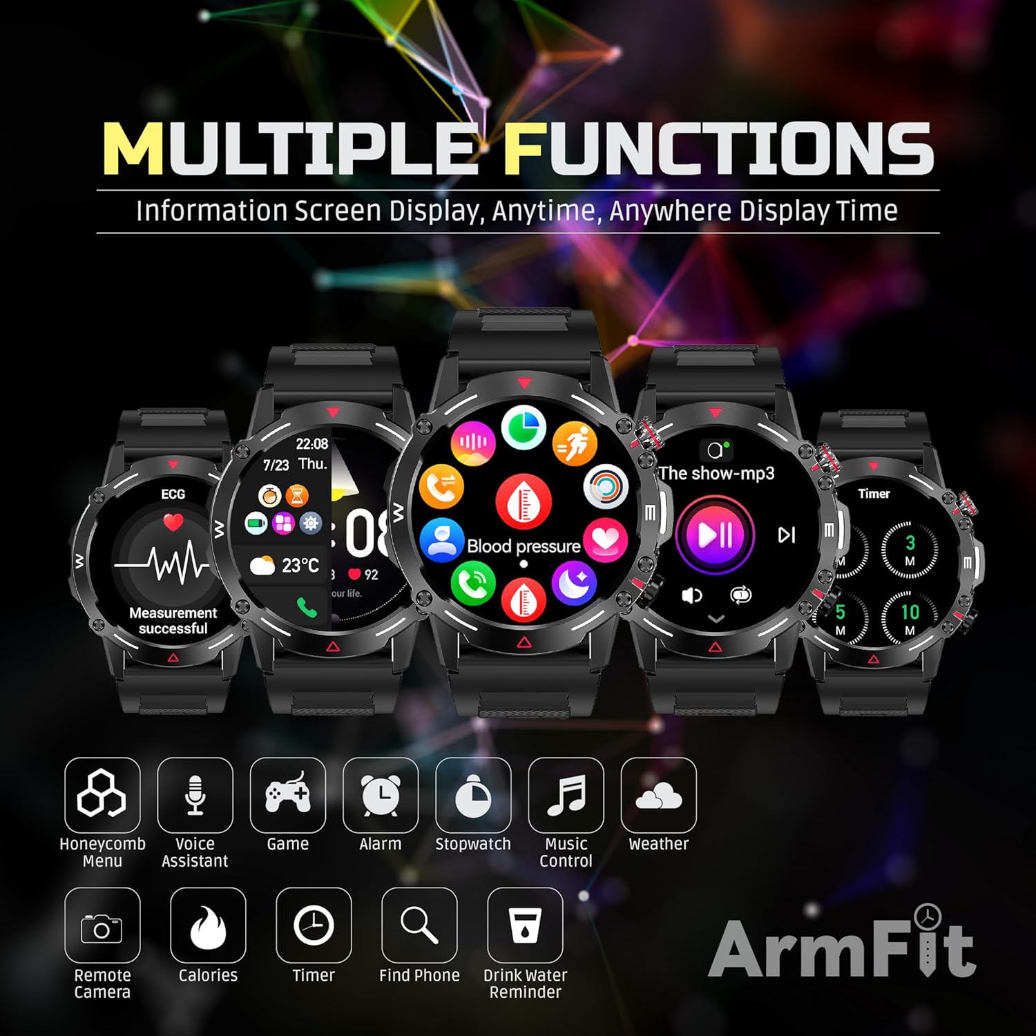 Armfit HULK Smart watch with AMOLED Always On Display Smart watches for men, BT Calling Waterproof Fitness Watch with Heart Sleep Monitor for Android iOS (Black)