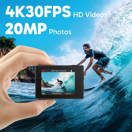 4K 30fps 20MP WiFi Sports Camera - 4k Camera Waterproof up to 30 m with Stabilization, 170° Wide Angle - 2.4G Remote Control - Ultra HD Image Quality for Adventure Enthusiasts