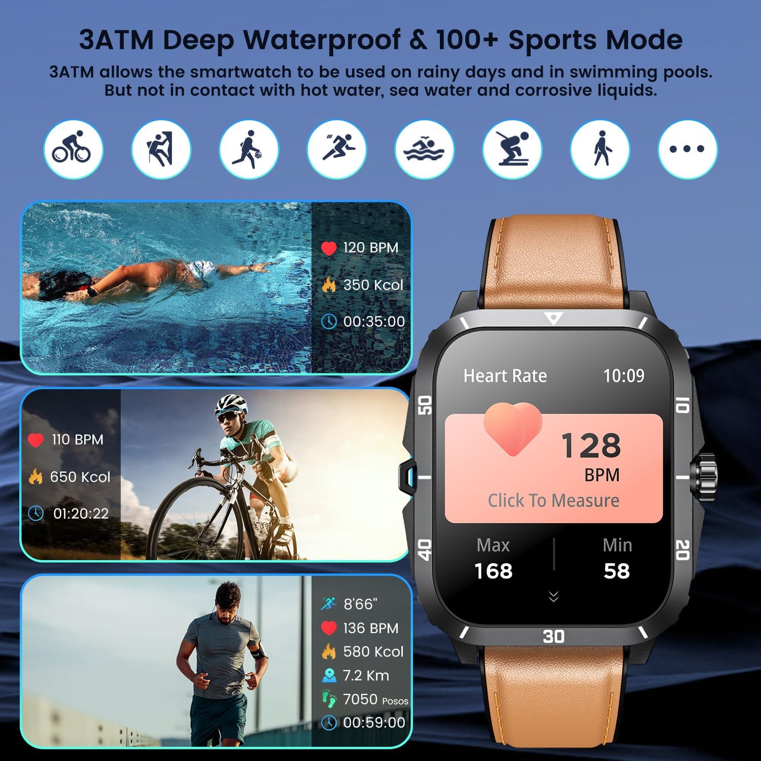 Smartwatch for Men Fitness Tracker Watches: 2.0" Touch Screen Bluetooth Call with 100+ Sports Modes Sleep Monitor Heart Rate Step Counter 3ATM Waterproof Activity Tracker Smart Watch for Android iOS