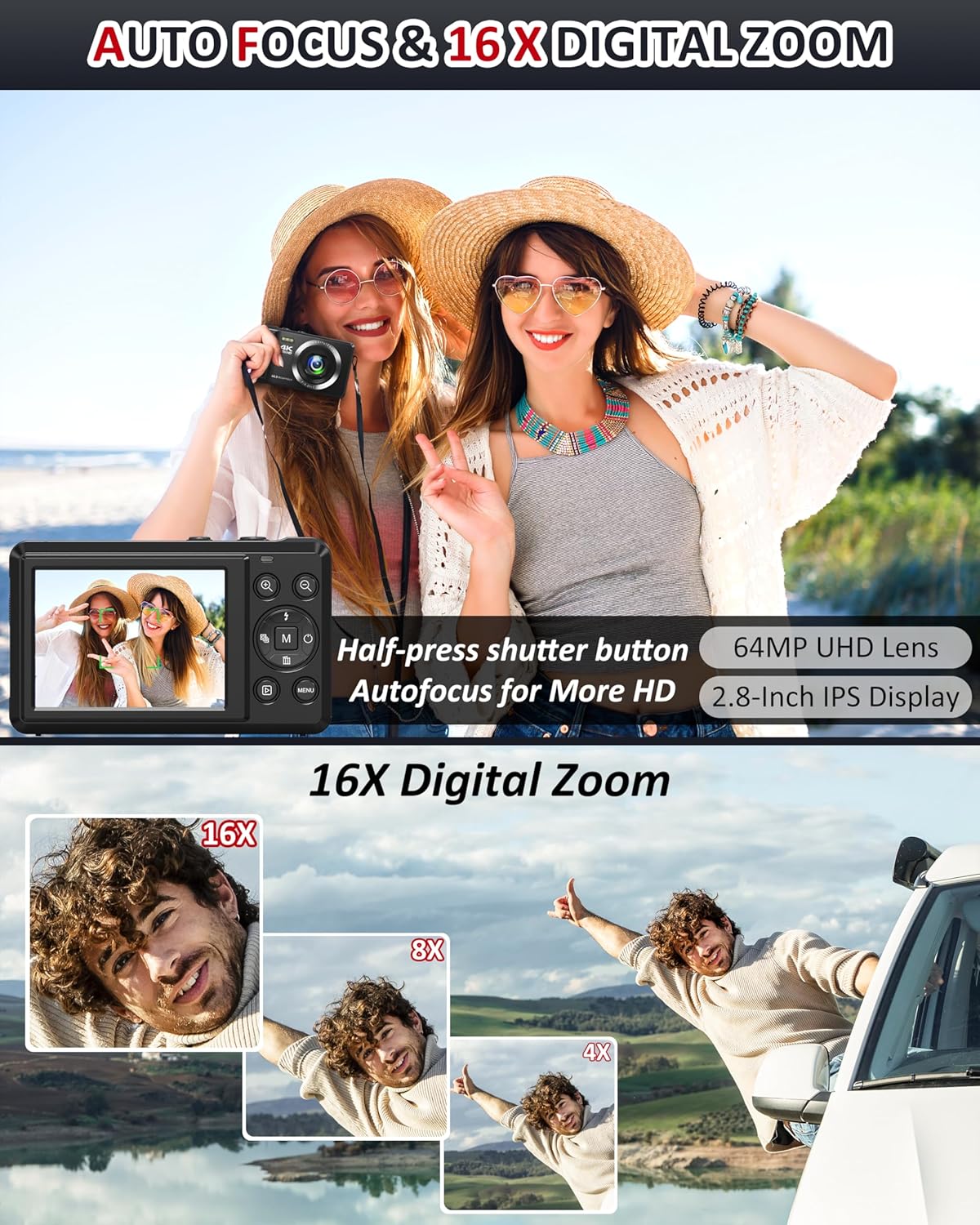 4K 64MP Digital Camera with 32GB SD Card for Photography, Auto Focus Portable Mini Compact Camera for Boys, Girls, Children, Beginners, Teenagers with 16X Digital Zoom and 2 Batteries